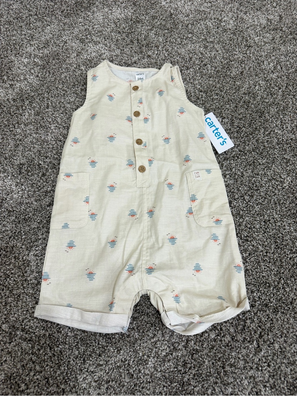 Carter's Cream One-Piece Romper with Blue and Orange Accents